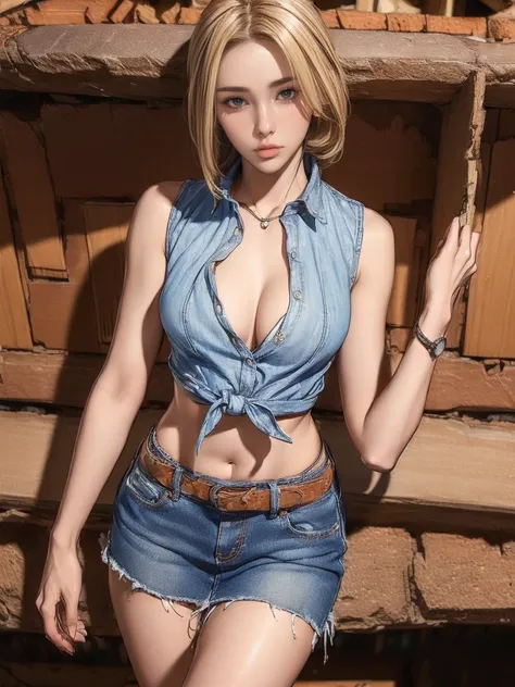 (((1 person:2.0))),(((Cowgirl Costume))),(((Slim Body 1.5))),(((Small Ass))),(((Denim mini skirt))),(((Wearing one belt))),(((He is wearing a sleeveless collared shirt, Plaid, Front tie shirt.))),(((Wear a watch))),(((Sandals))),(((Showing cleavage))),(((S...