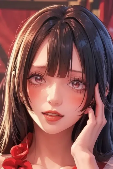 (masterpiece),(best quality:1.0), (ultra highres:1.0), detailed illustration, 8k, anime, 1girl, beautiful anime girl, wearing a red dress, flower crown, pretty face, detailed face, beautiful eyes, detailed eyes, dark red eyes, bright red lips, red lipstick...