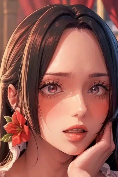 (masterpiece),(best quality:1.0), (ultra highres:1.0), detailed illustration, 8k, anime, 1girl, beautiful anime girl, wearing a red dress, flower crown, pretty face, detailed face, beautiful eyes, detailed eyes, dark red eyes, bright red lips, red lipstick...