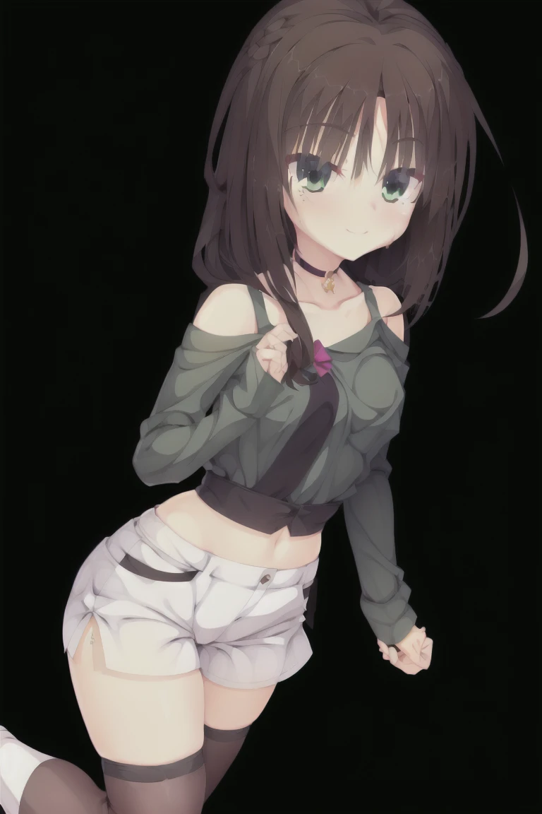 1girl,solo,blush,smile,bangs,brown_hair,shirt,holding,hair_between_eyes,bare_shoulders,closed_mouth,green_eyes,standing,collarbone,white_shirt,short_sleeves,multicolored_hair,green_hair,shorts,choker,signature,short_shorts,clothing_cutout,black_choker,shou...