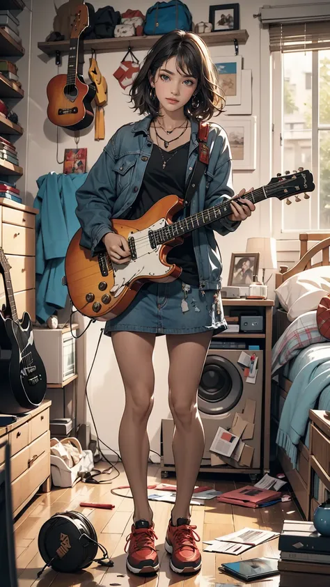 mouth, one girl, alone, in a messy room, guitar,smile