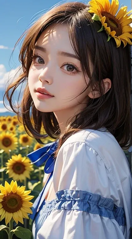   Flowers and blue sky、Summer sky and beautiful sunflowers、Landscape photo of a vast sunflower field、（View of the sky and wilderness from below）、Girl looking up at the blue sky、Draw a big picture of the sky、Tabletop、highest quality、perfect pretty smile fac...