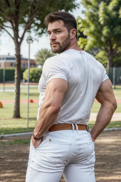 Mature man, best qualities, PE teacher, bandage on one hand, bad bad, masterpiece, super high resolution, detailed background, reality, , single, 1 boy, muscle man, beard, school, playground, muscles, facial hair, volumetric lighting, depth of field, wheez...