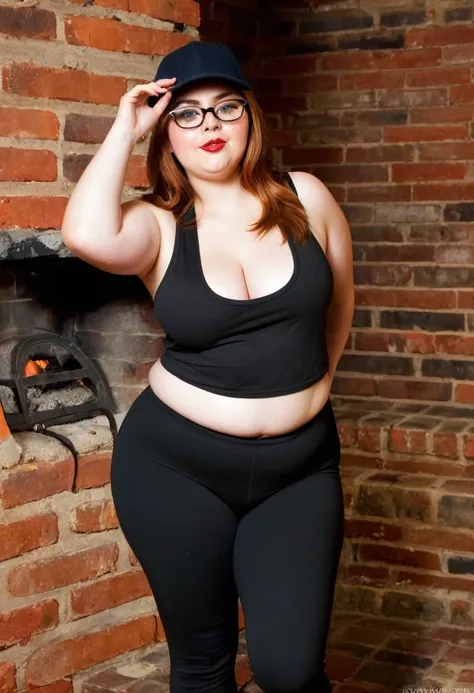 brunette curvy ssbbw wearing leggings and a tank top with glasses and a baseball cap stuck in the chimney she is desperately trying to get herself out of it