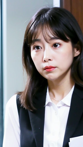 Pure girl, OL, Purely Japanese characteristics, A little plump, light makeup , Natural and realistic eyes, office, Black business suit, White skip-collar blouse, Black pumps