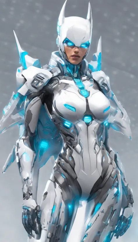 Realistic white and light blue female Batman in titanium cybernetic suit, detailliert, perfect design, Perfect and symmetrical edges of high quality ::n_Style drawing, Low quality defects, human - shaped, games, Anime