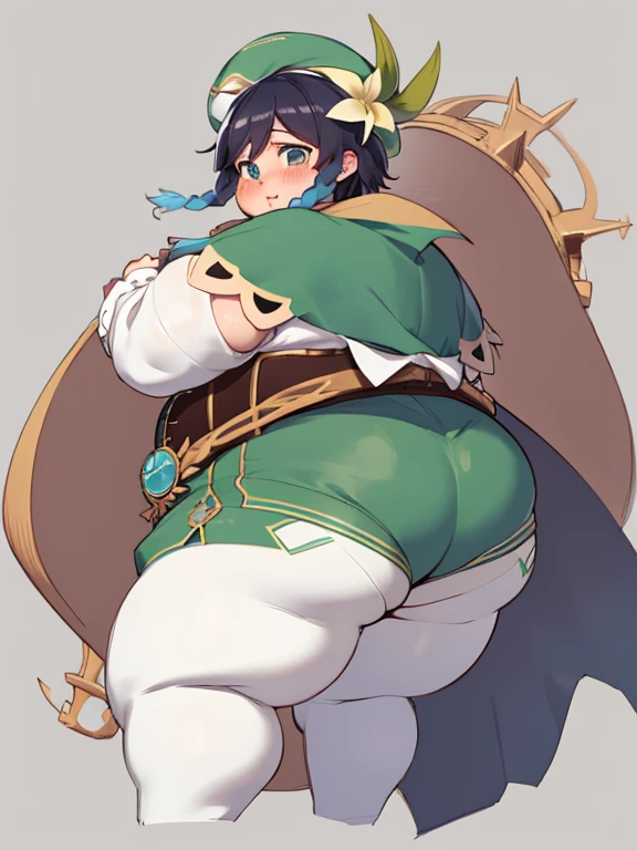 Masterpiece, Best Quality, Obese Ventidef, beret, obese body, hat flower, white  shirt, bow, long sleeves, frilled sleeves, corset, cape, green shorts, white pantyhose, Jewelry, brooch, bar, Blushing, lean, backboob, behind, Shows ass