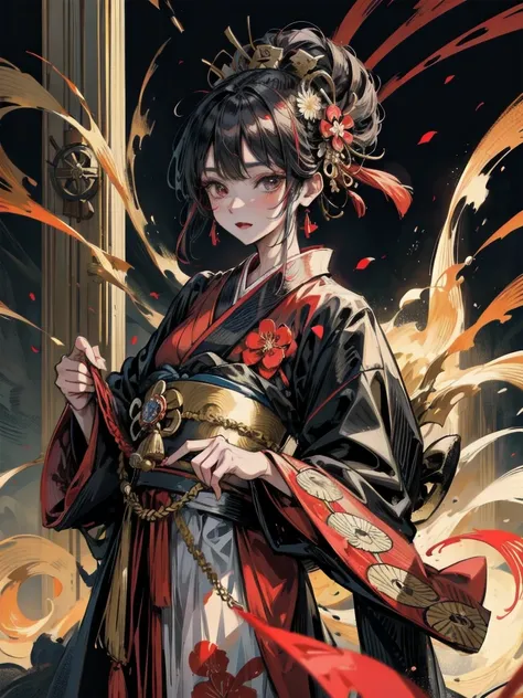 Anime character wearing a kimono costume, wearing aristocrat robe, in a kimono, wearing a haori, in a kimono, wearing black robe、Red earrings、Taisho Era、Taisho Modern、Modern kimono、