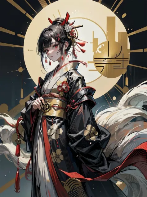 Anime character wearing a kimono costume, wearing aristocrat robe, in a kimono, wearing a haori, in a kimono, wearing black robe、Red earrings、Taisho Era、Taisho Modern、Modern kimono、