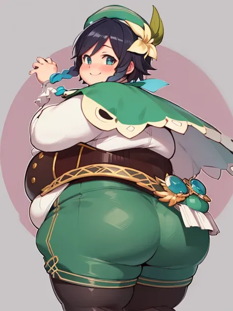 Masterpiece, Best Quality, Obese Ventidef, beret, obese body, hat flower, white shirt, big fat butt, smile, bow, long sleeves, frilled sleeves, corset, cape, green shorts, white pantyhose, Jewelry, brooch, bar, Blushing, lean, backboob, behind, Shows ass