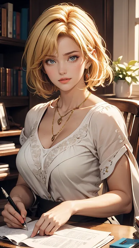 (masterpiece: 1.2, highest quality), Realistic, (Realistic Picture, Intricate details, Depth of written boundary), highest quality, masterpiece, Very detailed, Semi Realistic, 1 girl, Mature Woman, 21 years old, Blonde Short Hair, The left eye is covered w...