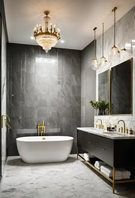 Luxurious bathroom with freestanding bathtub, rain shower, heated flooring, marble tiles, brass fixtures, floating vanity with double sink, elegant chandelier, high contrast lighting, spa-like atmosphere, high resolution