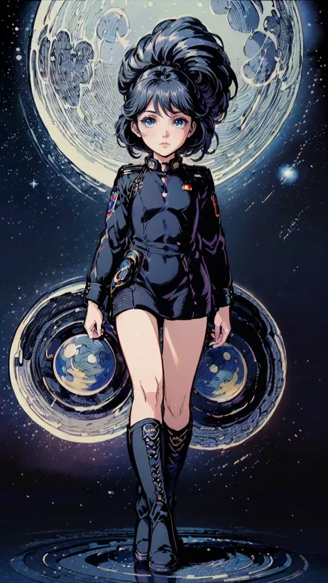 (((masterpiece, Best quality, a high resolution, ultra detailed),(Beautiful and aesthetically pleasing:1.2), detailed eyes and face, whole body, 1girl , Child, , walking beginner,  ((black hair)), ((Blue eyes)), detailed eyes and face, Cosmos, stars, moon,...