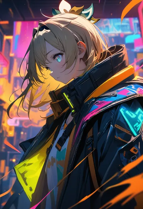 8K resolution, (highest quality), (masterpiece), 1girl,kazama iroha,hololive , cyberpunk style in black, white, grey and neon colors, energy-filled illustrations with dynamic brushstrokes in the style of a storybook illustration