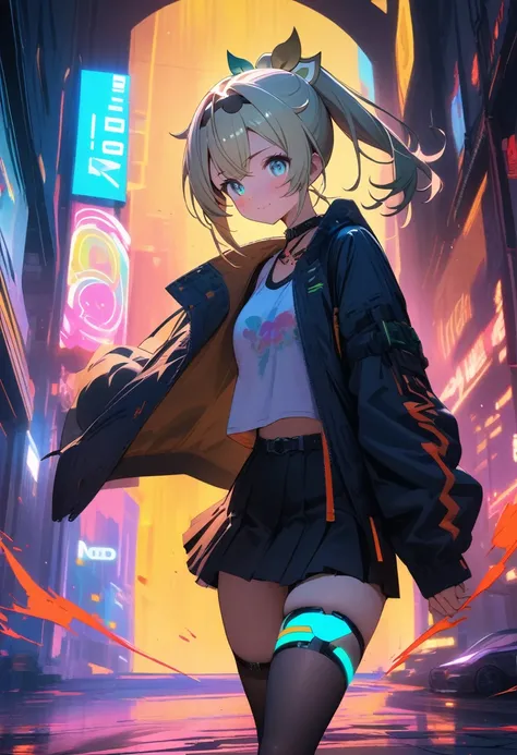 8K resolution, (highest quality), (masterpiece), 1girl,kazama iroha,hololive , cyberpunk style in black, white, grey and neon colors, energy-filled illustrations with dynamic brushstrokes in the style of a storybook illustration