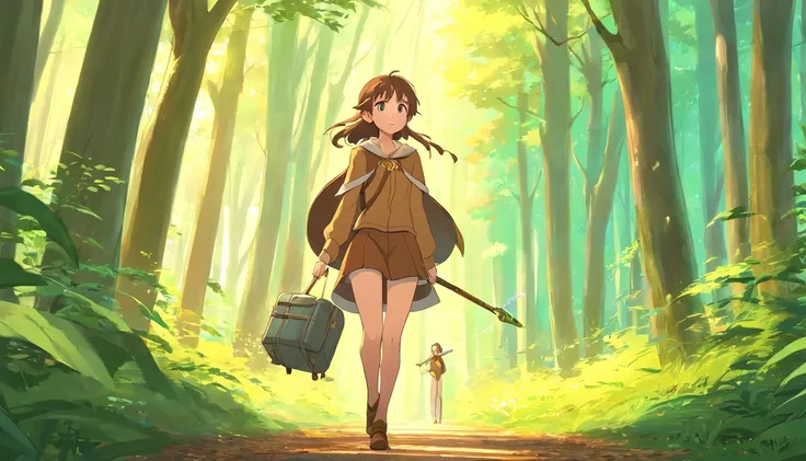 Elf Girl, Long brown hair, Brown eyes, freckles, Brown clothes in the forest, whole body, Her entire body is depicted, and she is feeling the wind. She is carrying a staff and luggage. She is on a journey.