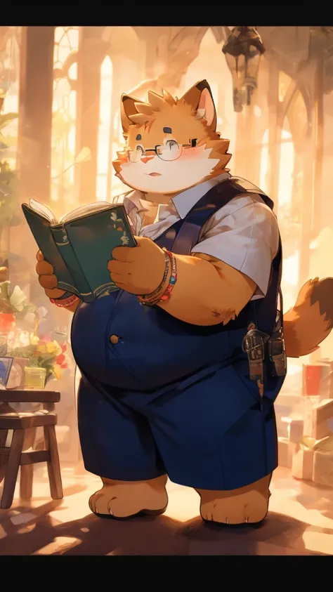 Orange cat，Reading，Glasses，bracelet，cute，overweight，high quality，masterpiece，Quiet，obesity，Tights，blush，Big Bag，Sleeveless vest，Alone，high-definition，Clear facial features，