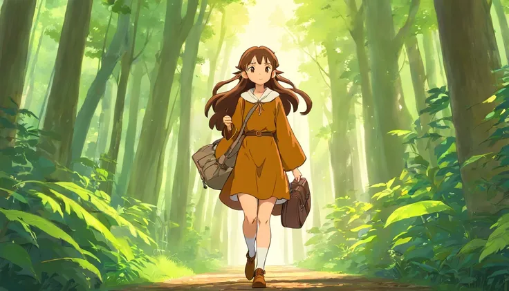 Elf Girl, Long brown hair, Brown eyes, freckles, Brown clothes in the forest, whole body, Her entire body is depicted, and she is feeling the wind. She is carrying a staff and luggage. She is on a journey.