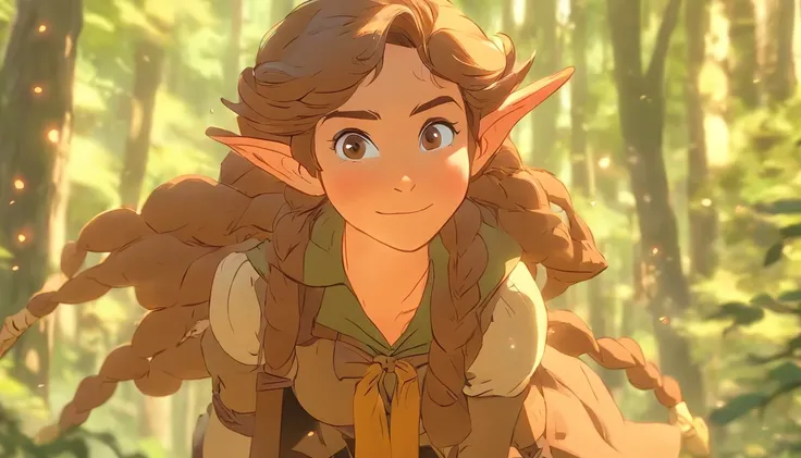 Elf Girl, Long brown hair, Brown eyes, freckles, Brown clothes in the forest, whole body, Her entire body is depicted, and she is feeling the wind. She is carrying a staff and luggage. She is on a journey.