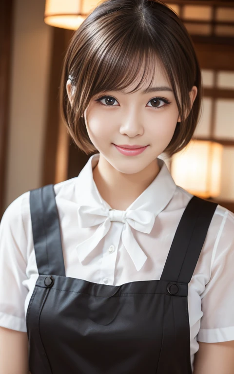 Cute 21 year old Japanese、apron, Black bow tie、Waiter、Cafe、Super detailed face、Pay attention to the details、double eyelid、Beautiful thin nose、Sharp focus:1.2、Beautiful woman:1.4、(Light brown hair,short hair、),Pure white skin、highest quality、masterpiece、Ult...