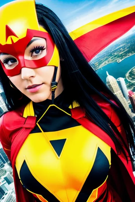 sw_jessicadrew flying over a city, red and yellow superhero costume, black hair, long hair, underarm webbing, red mask with whit...