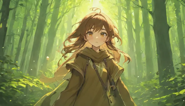 Elf Girl, Long brown hair, Brown eyes, freckles, Brown clothes in the forest, whole body, Her entire body is depicted, and she is feeling the wind. She is carrying a staff and luggage. She is on a journey.