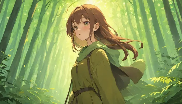 Elf Girl, Long brown hair, Brown eyes, freckles, Brown clothes in the forest, whole body, Her entire body is depicted, and she is feeling the wind. She is carrying a staff and luggage. She is on a journey.