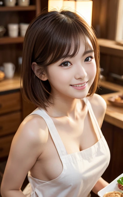 Cute 21 year old Japanese、Naked Apron, Waiter、Cafe、Super detailed face、Pay attention to the details、double eyelid、Beautiful thin nose、Sharp focus:1.2、Beautiful woman:1.4、(Light brown hair,short hair、),Pure white skin、highest quality、masterpiece、Ultra-high ...