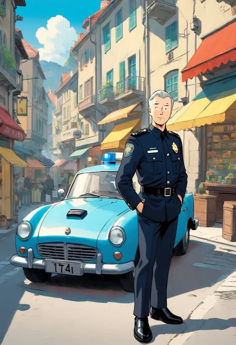 Tintin, 50 years old male wearing black police uniform, black leather shoes, slick and neat short gray hair, hand on hips pose, police car background, european comics