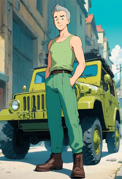 Tintin, 50 years old male wearing light green tank top, dark green army pants, black army boots, slick and neat short gray hair, hand on hips pose, army Jeep background, european comics