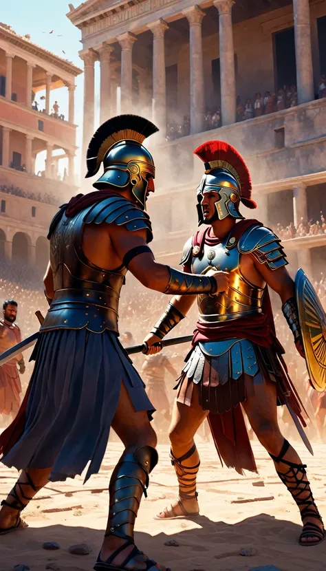 intense gladiator duel, set in ancient rome, historical painting., perfect composition, raw photo, unreal engine, octane renderi...