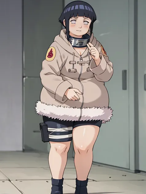 chubby hinata, classic, no pupils, 1girl, hyuuga hinata, black hair, short hair, coat, forehead protector, fur trim, konohagakur...