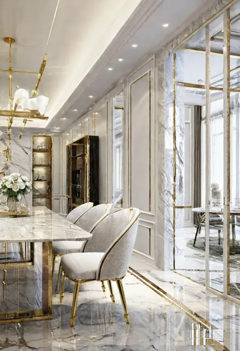 there is a dining room with a marble table and chairs, luxury condo interior, high quality rendering, precise architectural rendering, elegant and refined, high-quality render, insanely detailed rendering, award-winning render, high quality 3 d render, hig...