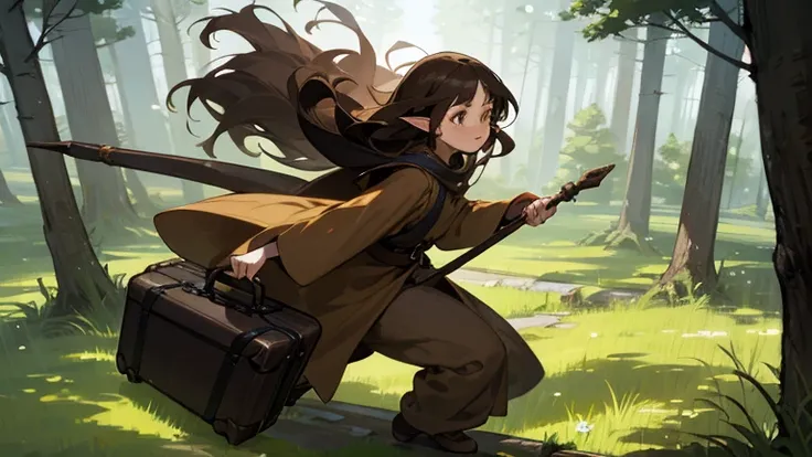 Elf Girl, Long brown hair, Brown eyes, freckles, Brown clothes in the forest, whole body, Her entire body is depicted, and she is feeling the wind. She is carrying a staff and luggage. She is on a journey.