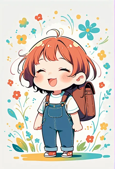 Standing on the tongue of heaven，Cute expression, overalls, short hair, Girl with backpack on rooftop，The backpack is filled with happy spring，Simple lineinimalism，abstraction，Lots of white space