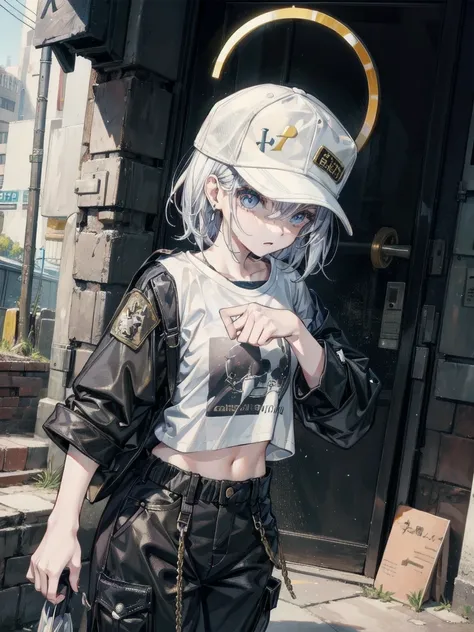 whole body, Anime character, stylish girl, fashion, baseball cap, black t-shirt, baggy cargo pants, gravure, absurdres, RAW photo, extremely delicate and beautiful, masterpiece, Best Quality, ultra high resolution, 32k, hyperrealistic, ultra-detailed, perf...