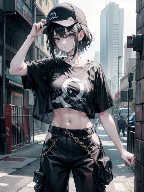 whole body, Anime character, stylish girl, fashion, baseball cap, black t-shirt, baggy cargo pants, gravure, absurdres, RAW photo, extremely delicate and beautiful, masterpiece, Best Quality, ultra high resolution, 32k, hyperrealistic, ultra-detailed, perf...