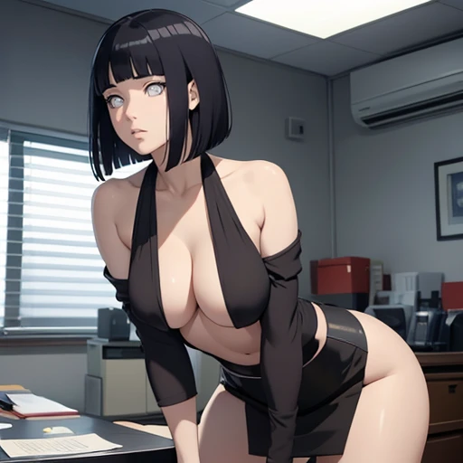 (masterpiece), anime, Best quality, good anatomy, one girl, Hinata Hyuga, (full height), white eyes, Big breasts, realistic face, gloomy face, Looking down, dark hair, short haircut, navel ,bare shoulders, tight black top, decollete, black pencil skirt, ta...