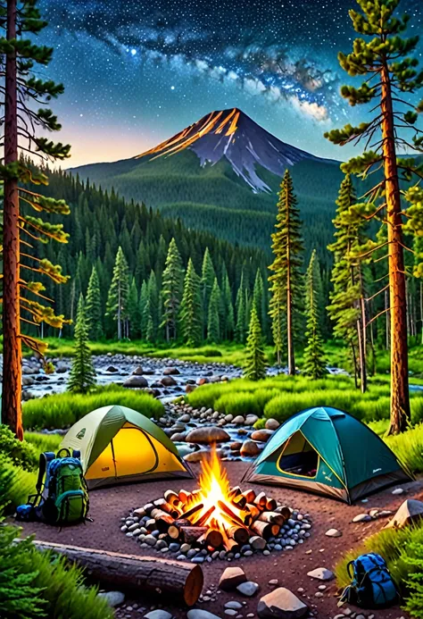 a scenic outdoor camping scene, a pine forest with mountains in the background, a campfire with people sitting around it, a tent...