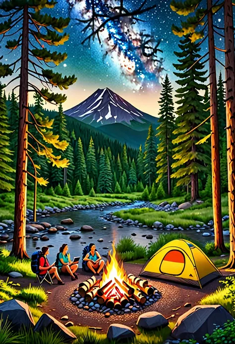 A scenic outdoor camping scene, a pine forest with mountains in the background, a campfire with people sitting around it, a tent set up in the foreground, a starry night sky overhead, sunlight filtering through the trees, lush green foliage, detailed rocks...