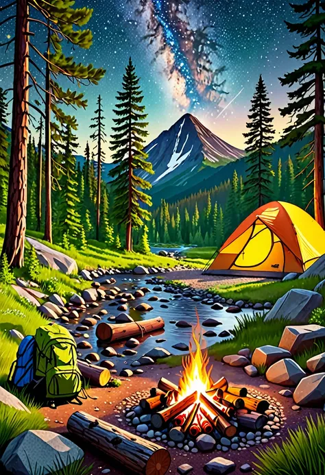 a scenic outdoor camping scene, a pine forest with mountains in the background, a campfire with people sitting around it, a tent...