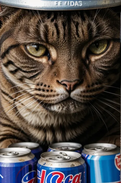 A close up picture of a huge cat growling and looking angry at humans for his Pepsi-Colas cans that he considers his property and he wont share with anyone.
