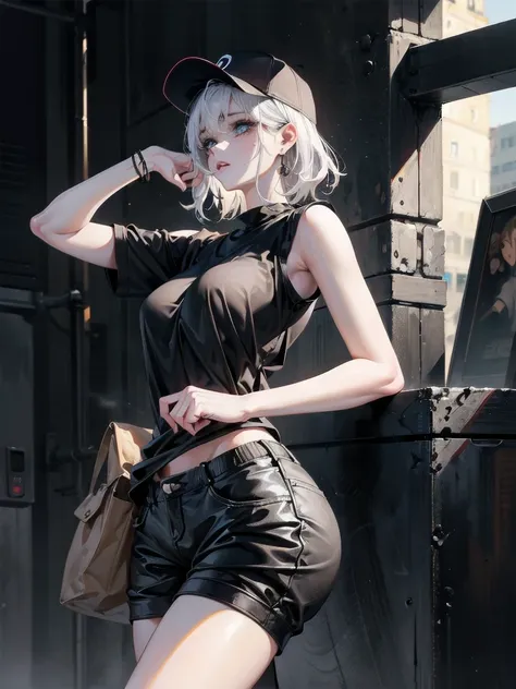 whole body, Anime character, stylish girl, fashion, baseball cap, black t-shirt, baggy cargo pants, gravure, absurdres, RAW photo, extremely delicate and beautiful, masterpiece, Best Quality, ultra high resolution, 32k, hyperrealistic, ultra-detailed, perf...