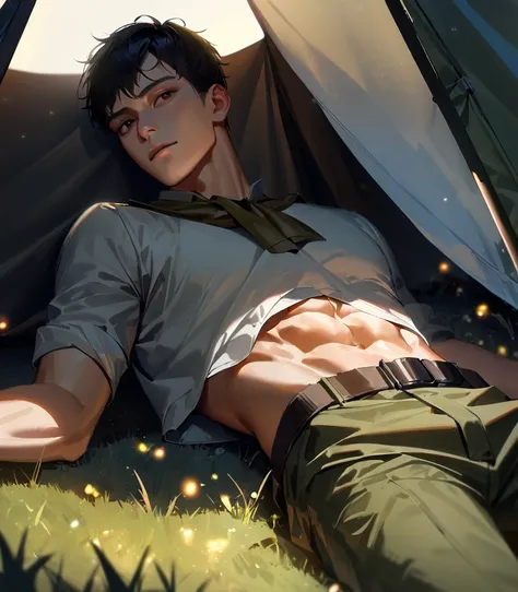 1boy, male focus, solo, detail, black hair, scout_uniform, rolled up scout uniform, abs peek, slender, detailed skin, detailed shade, shaded skin, realistic shade, sitting, leaning back, on grass, camping_tent, camp_fire, fireflies, night, looking at viewe...