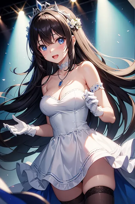 sagisawa fumika, 1girl, solo, watch, pendant watch, blue eyes, breasts, gloves, tiara, dress, long hair, cleavage, looking at viewer, white gloves, bare shoulders, open mouth, large breasts, strapless, choker, blush, white dress, black hair, brown hair, ha...