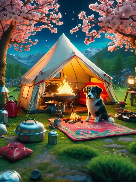 create miniature images in a lovely wool felt world，(spring camping site:1.3)，family，dog，cherry blossoms，tent，bbq grill and summ...