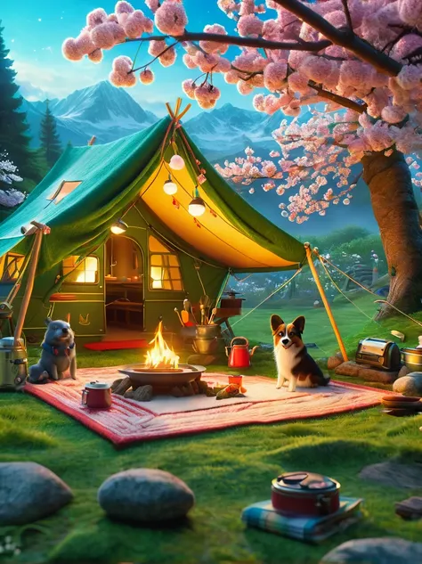 create miniature images in a lovely wool felt world，(spring camping site:1.3)，family，dog，cherry blossoms，tent，bbq grill and summ...