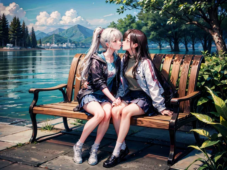 lakeside，Two girls，Embrace，kiss，Pure and beautiful，16 years old，Jacket，Pleated Skirt，White socks，Thin legs，Very thin，whole body