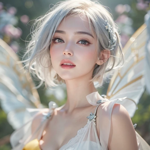 (masterpiece:1.3), (8k, Realistic, RAW Photos, Best image quality: 1.4), Fair-skinned fairy woman、short hair、Cleavage:2.0、Highly detailed face、Attention to detail、double eyelid、Sharp focus:1.2、Beautiful woman:1.4、Silvery white hair、highest quality、masterpi...