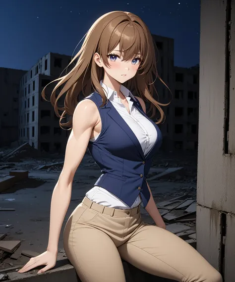 beautiful sexy anime girl with long brown hair & a muscular body, wearing white sleeveless button up collared shirt with a blue vest over it & beige khaki pants, in a abandoned urban construction site at night time, 1girl